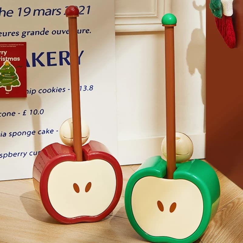 Set spazzola e porta spazzola per WC, simpatica spazzola per bagno con manico lungo per decorazioni a tema mela, 1 spazzola 1 porta spazzola ​ ​ ​ ​ ​ ​ ​