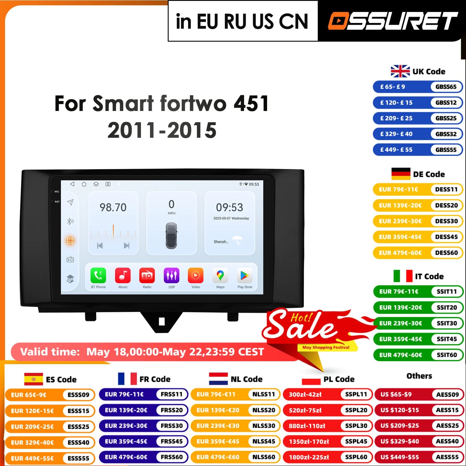 Autoradio 2Din con Carplay e Android Auto per Smart Fortwo 2011-2015, Lettore Multimediale con GPS, Navigazione, Stereo, Schermo da 9 Pollici, DSP