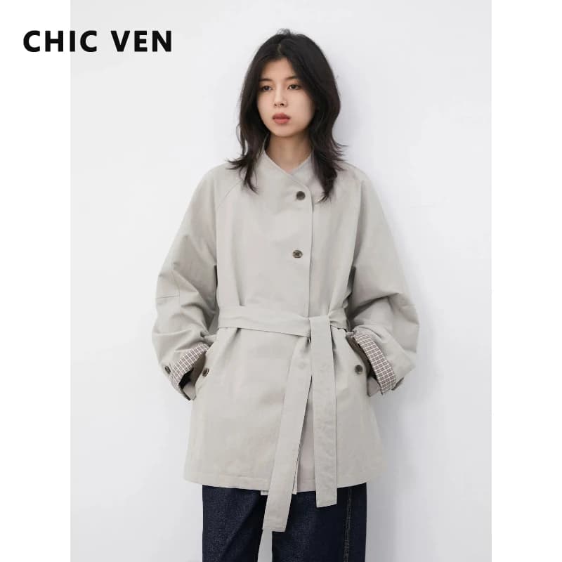 CHIC VEN Korean Women Mid-length Trench Coat Loose Casual Patchwork Plaid Ladies Windbreaker Belt Spring Summer 2026 Clothing