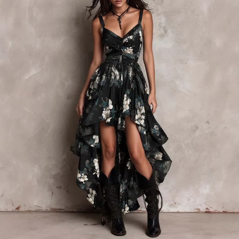 Fashionable Bohemian Print Halter Dress Women's V-neck High Slit Long Skirt Spring 2026 Thickened No-sleeve Casual Princess Gown