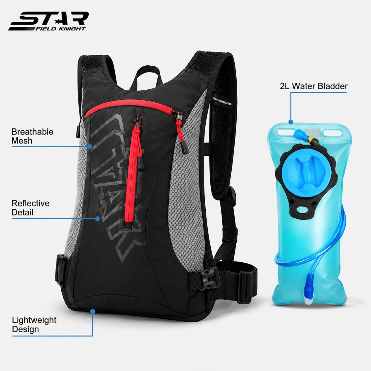 STAR FIELD KNIGHT 2L Motorcycle Hydration Backpack Lightweight Reflective Bladder Pack for Cycling Running Hiking Outdoor Sports