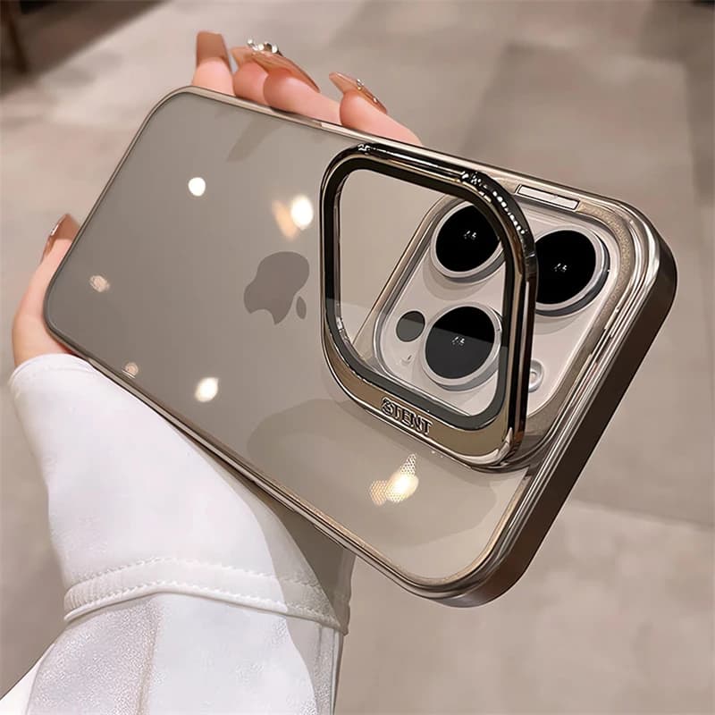Fold Glass Lens Stand Holder Clear Case For iPhone 18 17 16 15 14 13 12 Pro Max Plus Plating Camera Protection Shockproof Cover