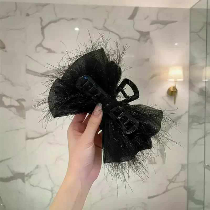 Fermaglio per capelli nero a rete con design floreale per donna, elegante fermaglio a pinza per coda di cavallo, ideale per feste e uscite.
