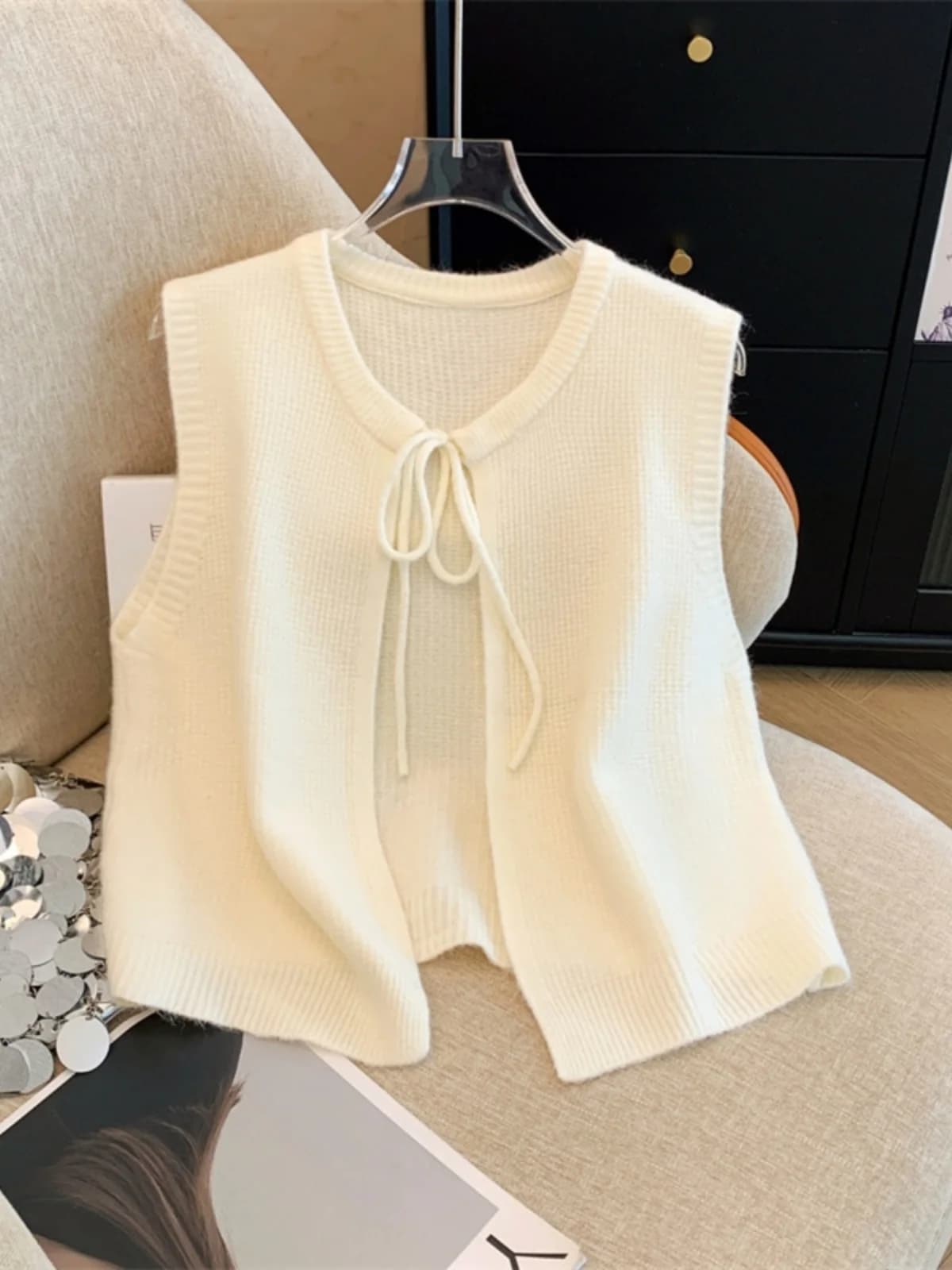 Gilet in maglia da donna stile coreano, maglione senza maniche, dolce stile college, cardigan ampio con cintura, moda autunnale