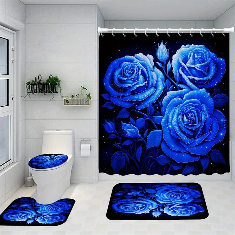 4pcs Waterproof Polyester Fabric Elegant Blue Rose Shower Curtain Set, Romantic Floral Bathroom Sets with 12 Hooks and Rugs