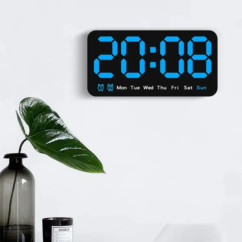 Digital Wall Clock with Vocal Control, Temperature, Date, Week, DST, Snooze, Table Watch, Double Alarm 12/24H, Wall LED Watch