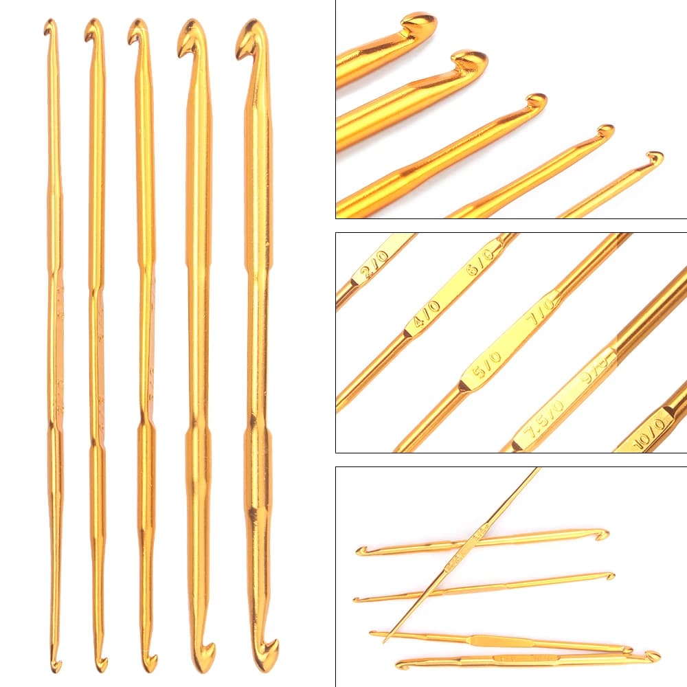 Two-Way Double Point Aluminium Crochet Needles, Golden Finished Double End Hooks, Hand Knitting Tools for Yarn Blanket Projects