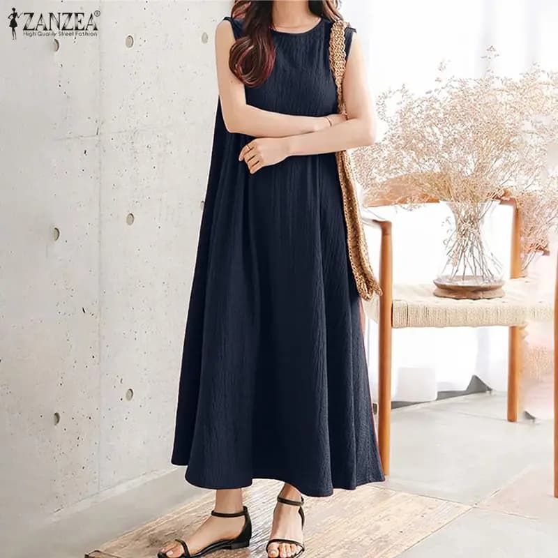 ZANZEA Women's Summer Loose Maxi Dresses O-Neck Sleeveless Solid Color Long Sundress Vacation Casual Crinkled Texture Robe Femme