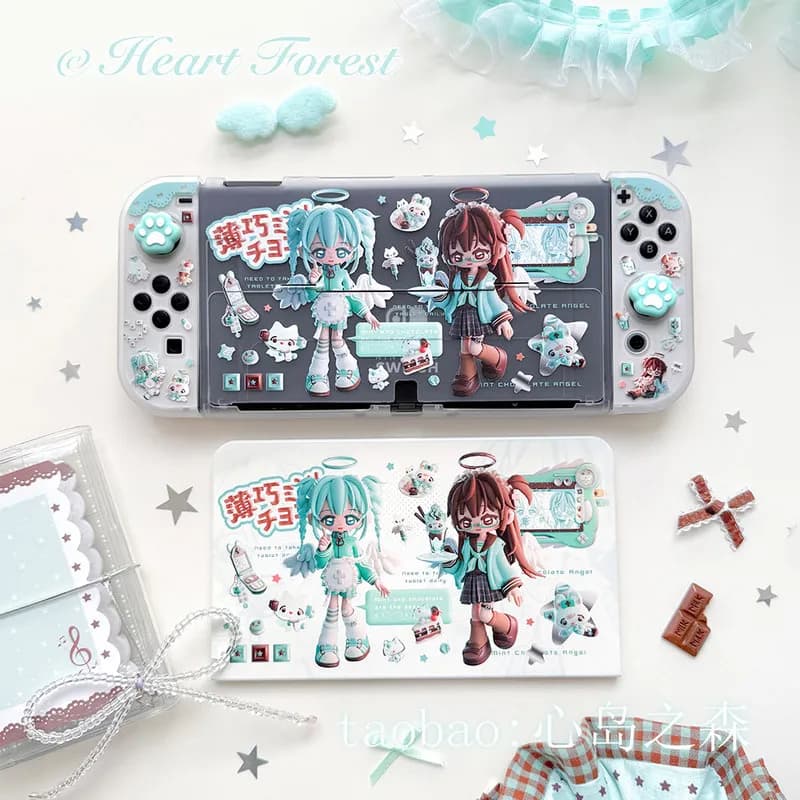 Custodia rigida Heart Forest Y2k Anime Mint Chocolate dal design originale per Switch Oled, Switch 2, Ns Lite - Guscio protettivo per console di gioco