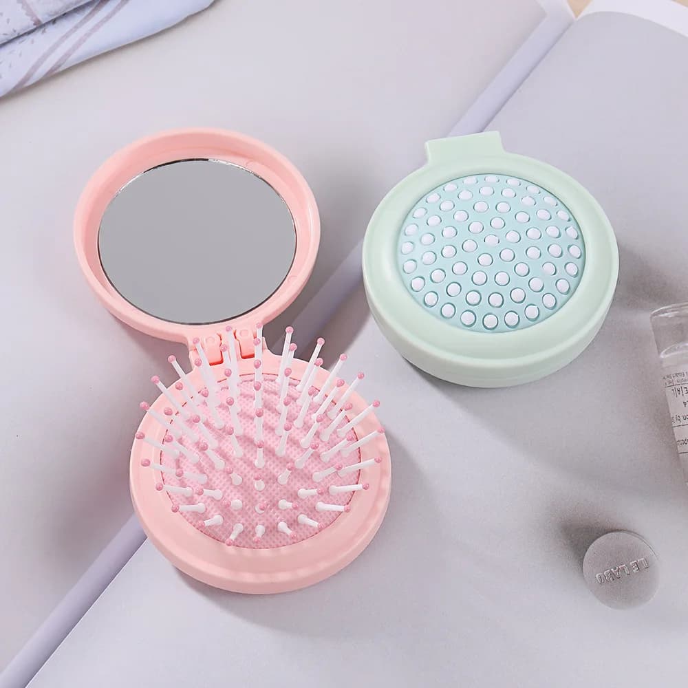 Solid Color Cute Folding Comb with Makeup Mirror Portable Traveling Pocket Air Cushion Comb 2-in-1 Folding Scalip Massage Comb