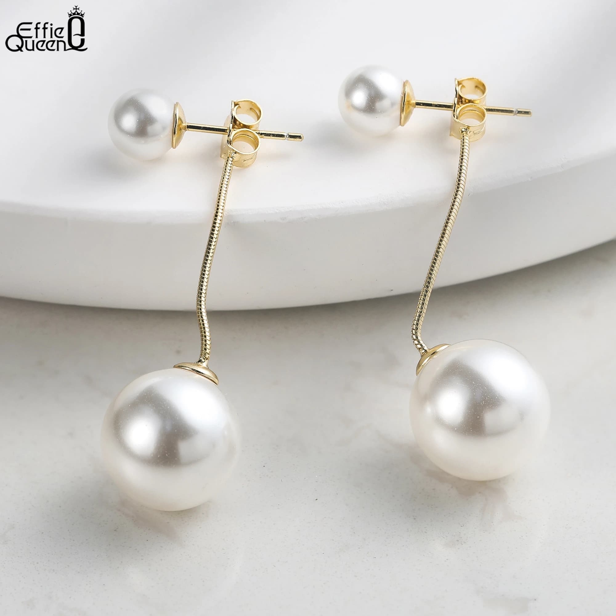 Effie Queen 100% argento sterling 925 oro 14k due conchiglie rotonde orecchini pendenti con perle gioielli da spiaggia per le donne estate spiaggia orecchio PSE04