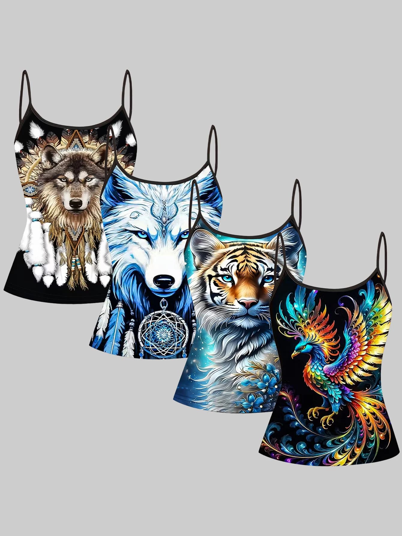 Women's 4-Piece Printed Camisole Set with Dreamcatcher, Wolf, White Tiger, and Phoenix Patterns, Slim Fit, Sleeveless Outerwear