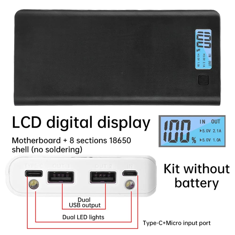 Portabatteria portatile 8 * 18650 Kit fai da te Display LCD Custodia doppia USB Power Bank Scatola batteria senza saldatura per la ricarica del telefono cellulare
