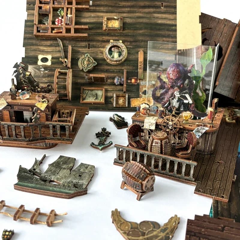 Kit modello di inserto per scaffale per angolo di libro di nave pirata del nuovo mondo in legno fai-da-te in miniatura