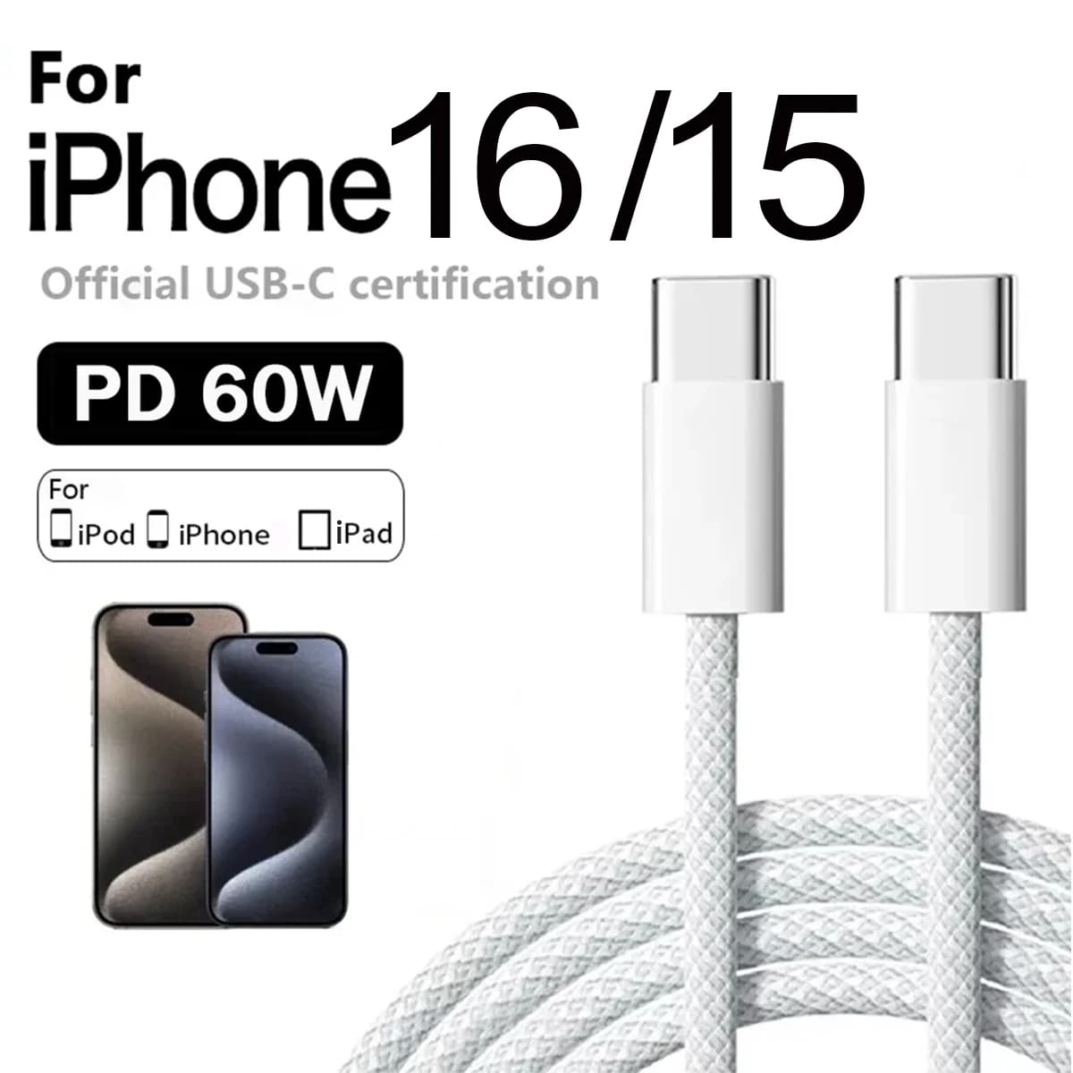 Cavo caricabatterie rapido da 60 W 3A da USB C a tipo C per Apple iPhone 16 15 Pro Max Plus Cavo di ricarica rapida per Huawei Samsung Xiaomi