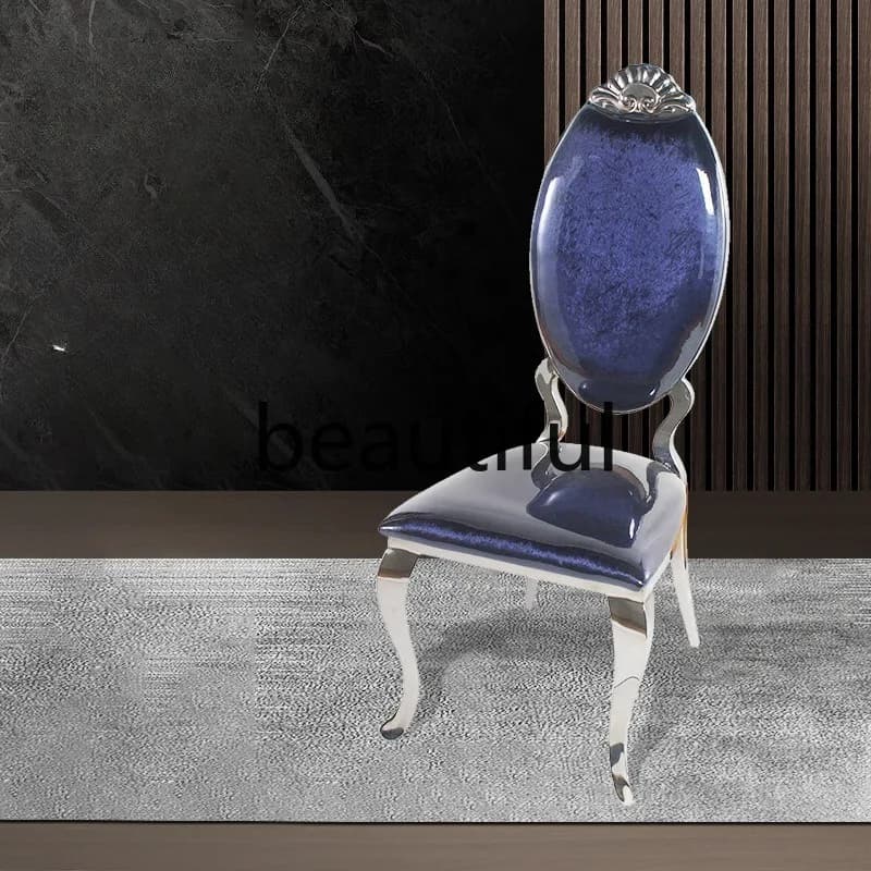 Modern and minimalist dining chair in blue stainless steel, soft bag, back cushion, wedding chair for concerts, hotel banquets