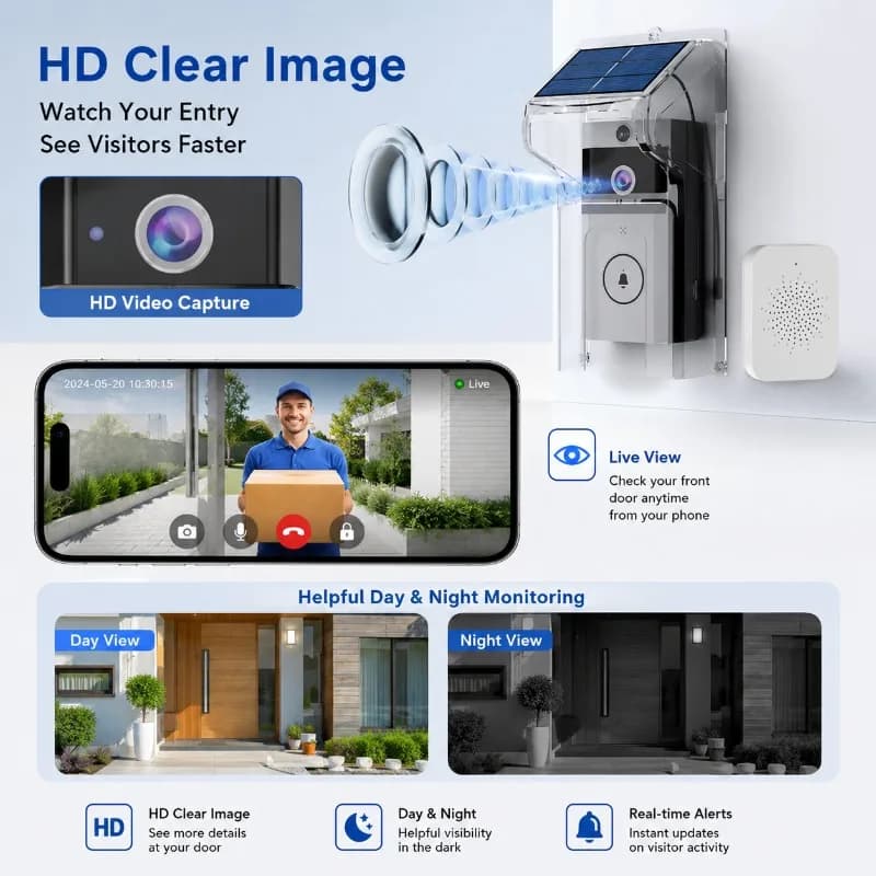 HD Wireless Doorbell Camera with Solar Rain Cover Smart Intercom Door Monitor Support Voice Changing Feature
