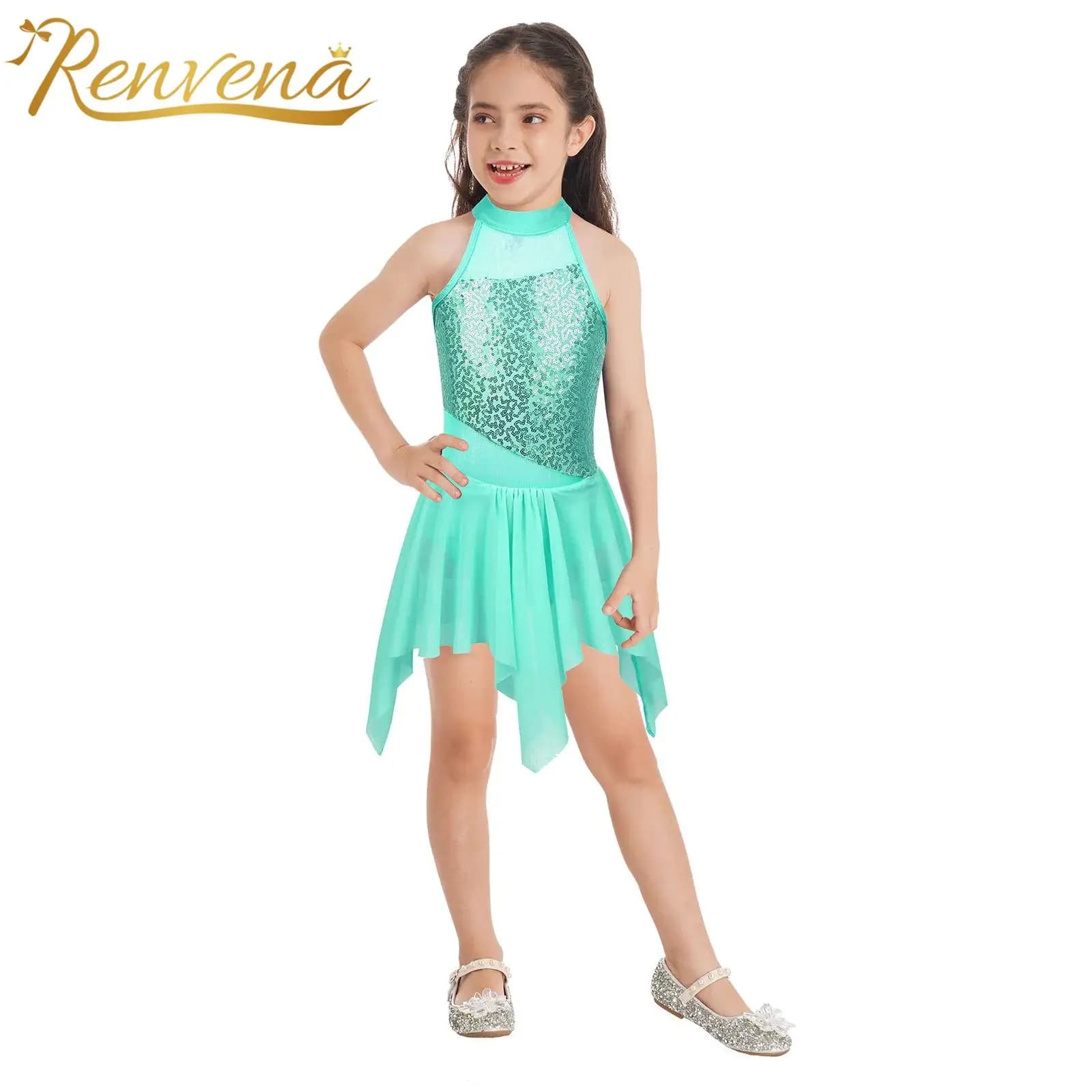 Vestito da balletto con paillettes per bambina, costumi di danza jazz latino lirico, senza maniche, collo finto, orlo asimmetrico, body da ballo