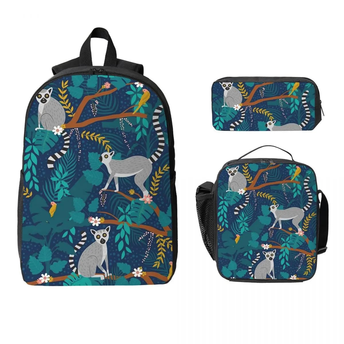 Zaino Lemurs In A Blue Jungle per ragazzi e ragazze, borsa per libri, borsa per la scuola, borse a tracolla per computer, 3 pezzi, borsa termica per il pranzo, astuccio per matite