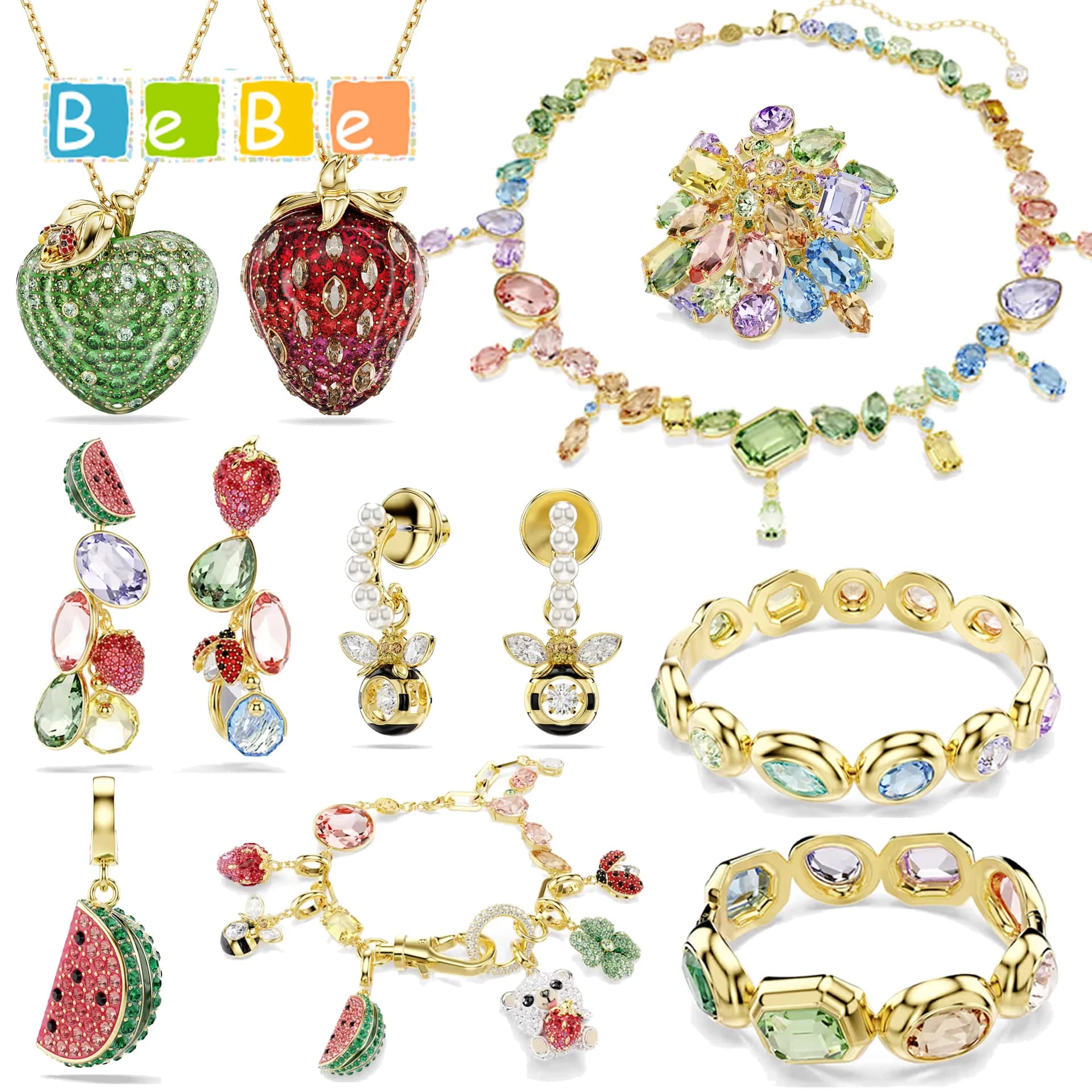 2026 New Trend Fine Party Jewelry Set Charming Green Watermelon Gold Little Bee Crystal Pendant Luxury Women's Necklace Earrings