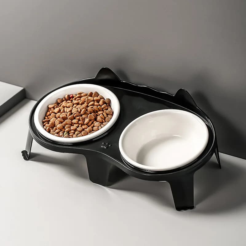 Ciotola doppia in ceramica per gattino Ciotola per acqua e cibo per animali domestici Piatto con supporto in legno Nessun versamento Ciotola doppia in ceramica per animali domestici per cani e gatti