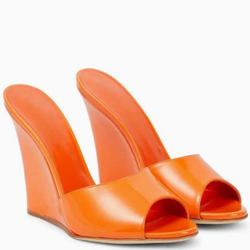 Sandali Donna Estivi con Zeppa Alta in Pelle Verniciata Lucida Arancione e Rosa, Modello Peep Toe, Eleganti e Moderni
