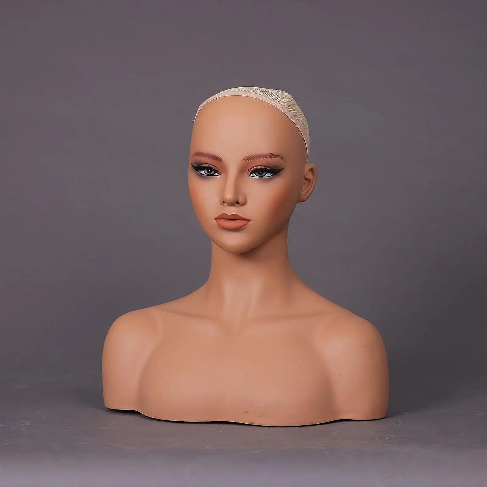 Professional wig with realistic dummy head showing support for hats, scarves, necklaces