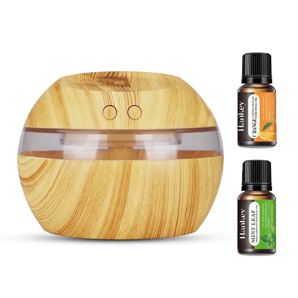 Umidificatore USB con venature del legno da 300 ml e diffusore per aromaterapia Touch Control, luce notturna, 2 oli essenziali inclusi perfetti per la casa