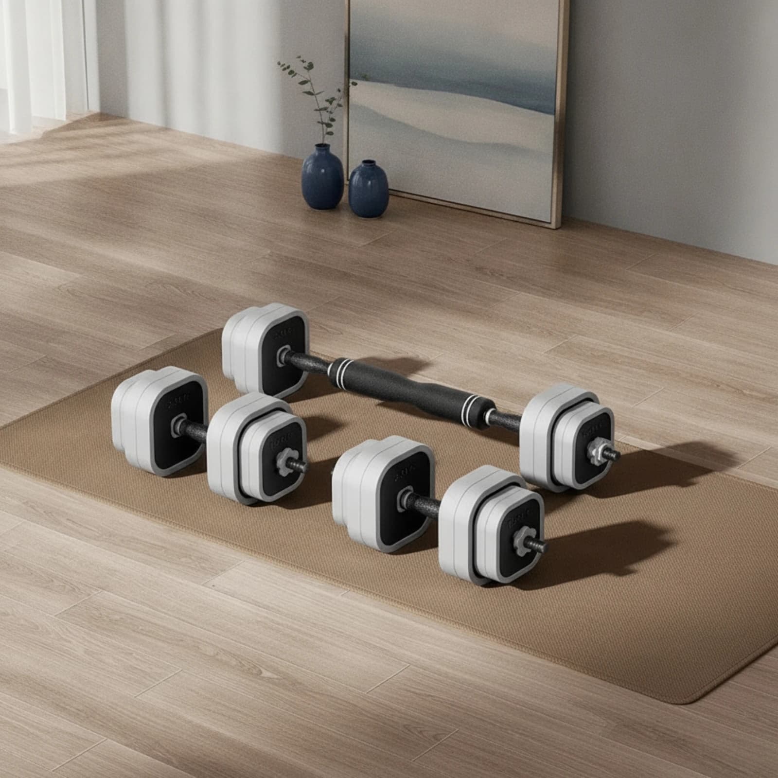 Adjustable Dumbbell with Square Plates Anti-Roll Adjustable Barbell with Rubber Plates Dumbbell with Connector Easy to Use