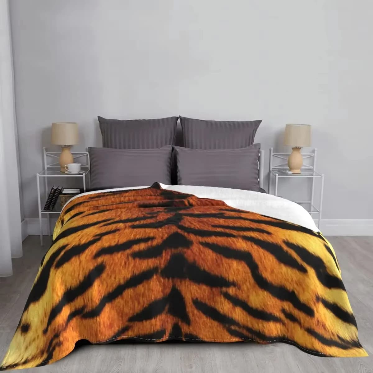 Coperta da tiro in flanella con stampa realistica in pelle di tigre - Calda portatile per letto/tappeto, king size, tessuto con decorazioni per animali