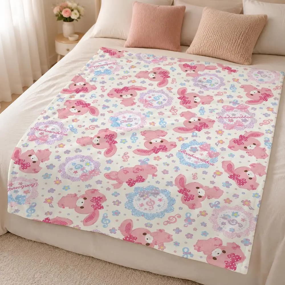 Character B-Bonbonribbon Cute Kawaii Bunny Throw 320g Soft Flannel Fleece Throw Blanket Cover Sofa Bed Dorm Nap Gift