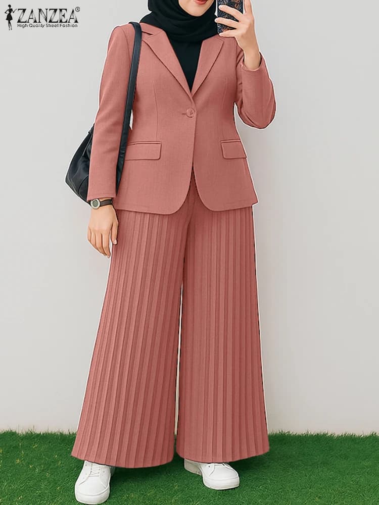 ZANZEA Autunno Set da 2 pezzi Abiti da ufficio da donna 2025 Elegante giacca a maniche lunghe Pantaloni a pieghe a gamba larga Tute musulmane