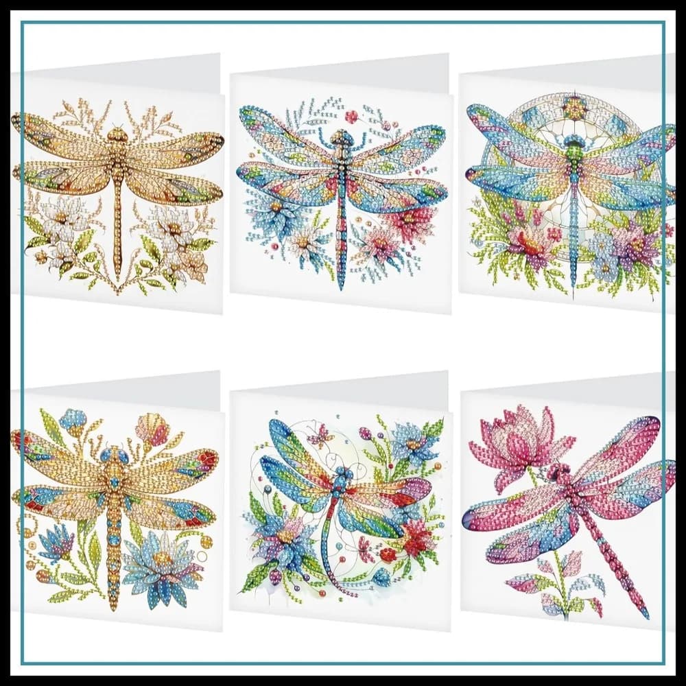 Kit di pittura con diamanti 5D fai da te, 6 pezzi, biglietto di auguri, biglietto fatto a mano con busta, regalo per le vacanze, libellula colorata