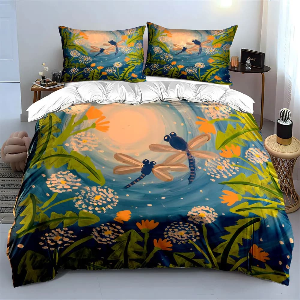 Set di biancheria da letto "Dragonfly Nature Art Set" con 1 copripiumino e 2 federe, singolo, matrimoniale, king, queen, regalo