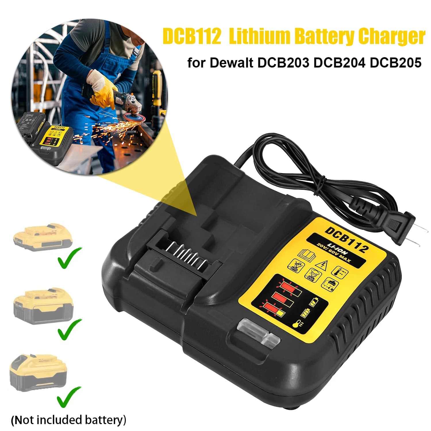 NEW DCB112 2A Lithium Battery Charger For Dewalt 10.8V 12V 14.4V 18V 20V DCB206 DCB205 DCB204 DCB203 DCB120,DCB107 DCB115 DCB105