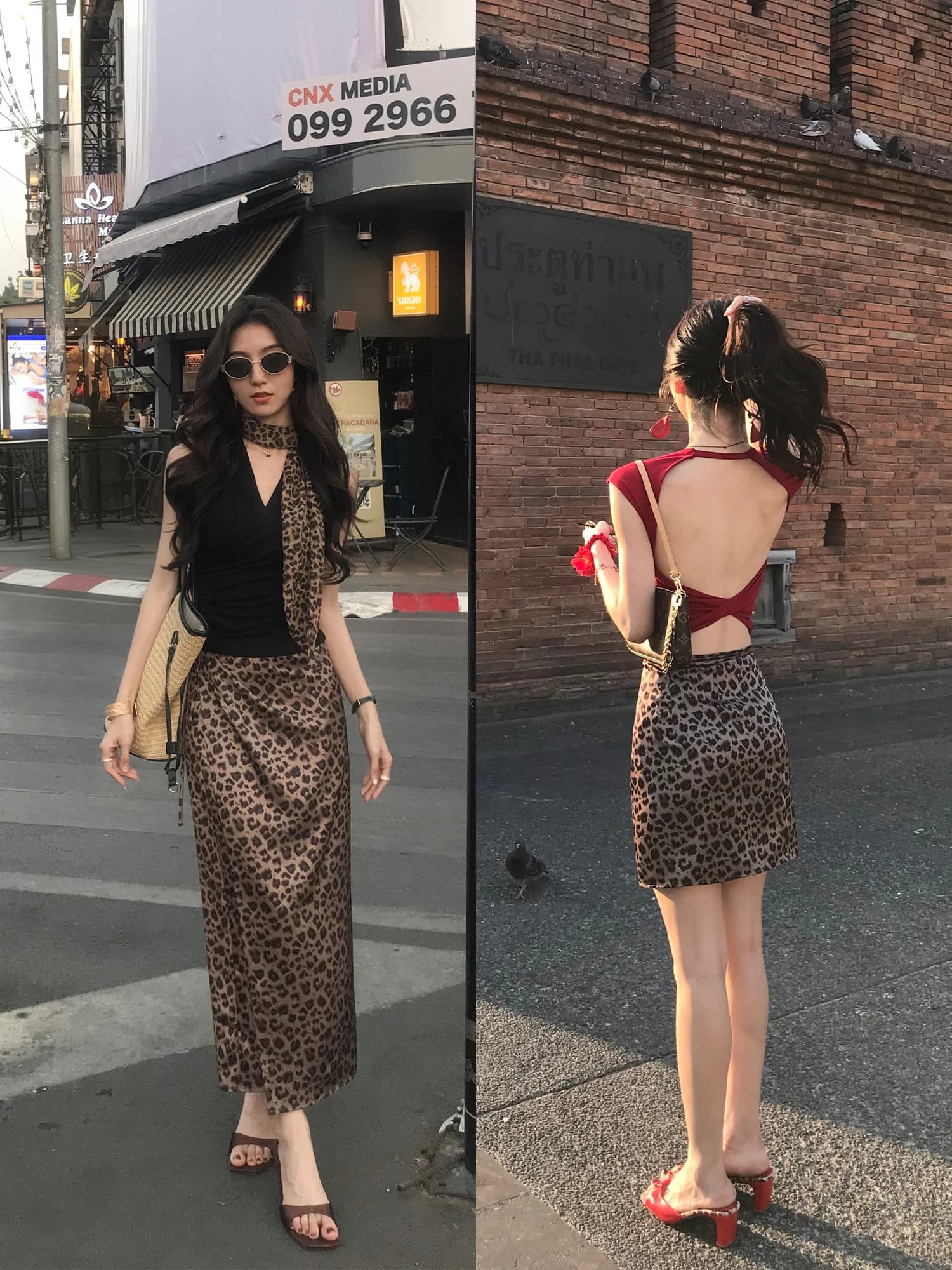 Wild Elegance Retro Leopard Print A-Line Belted Skirt Women Slim Straight Tube Skirt Casual Style Polyester Fiber Skirt