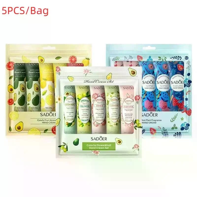 Set di 5 Creme Mani Sadoer con Fragranze di Frutta e Piante, Idratanti e Anti-Secchezza, Prodotti per la Cura della Pelle delle Mani