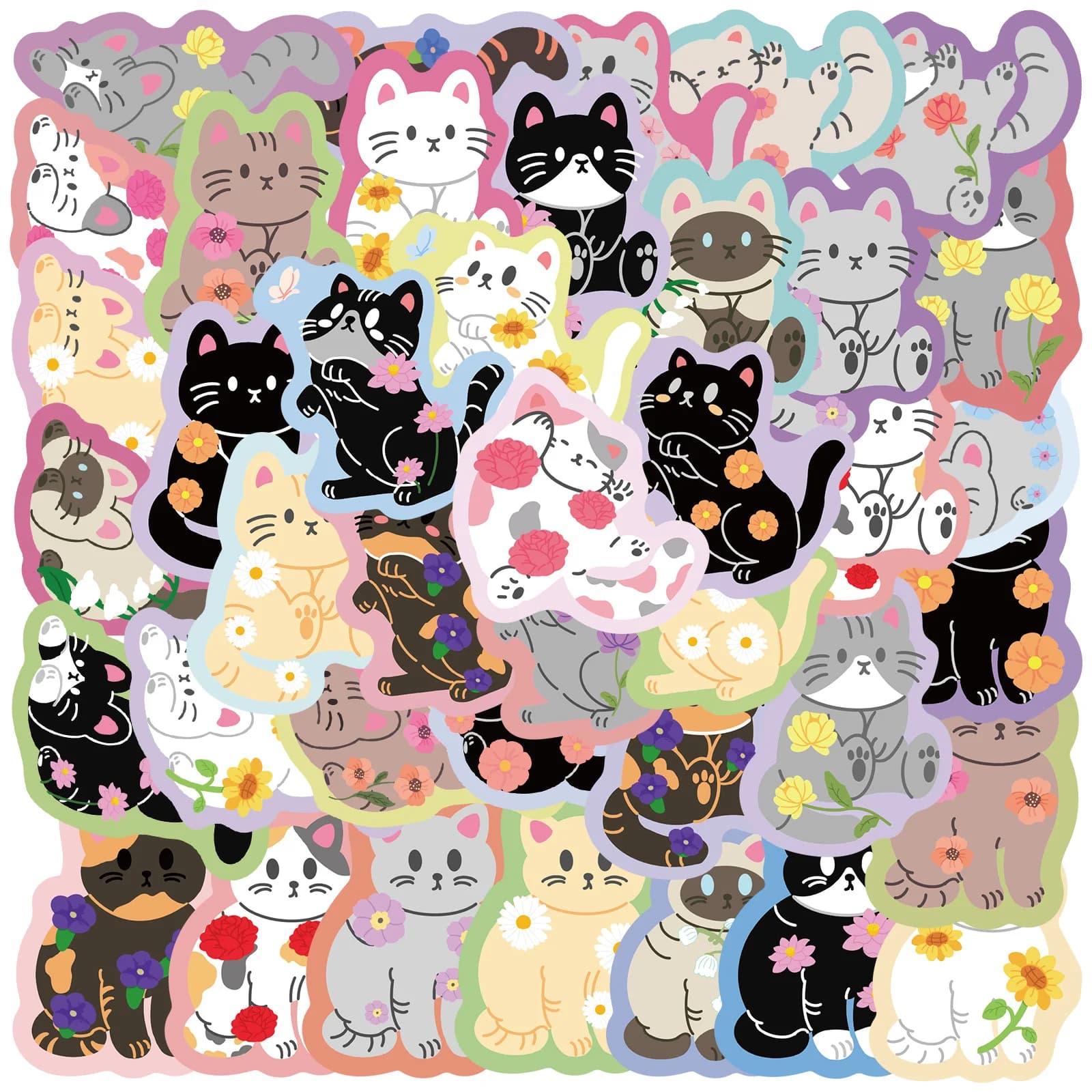50 cute stickers with flowers and cats, waterproof aesthetic stickers with colorful animals for water bottle, portable phone, skateboard decoration