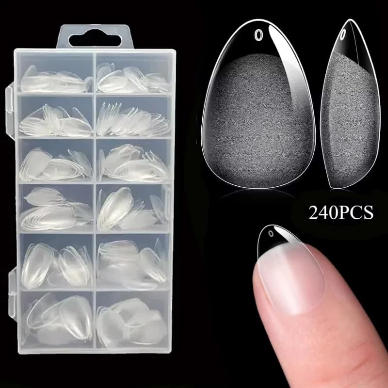 240 pieces XXS super short almond full cover sculpted nail tips in soft gel print on customized fingernails for short nail beds and small