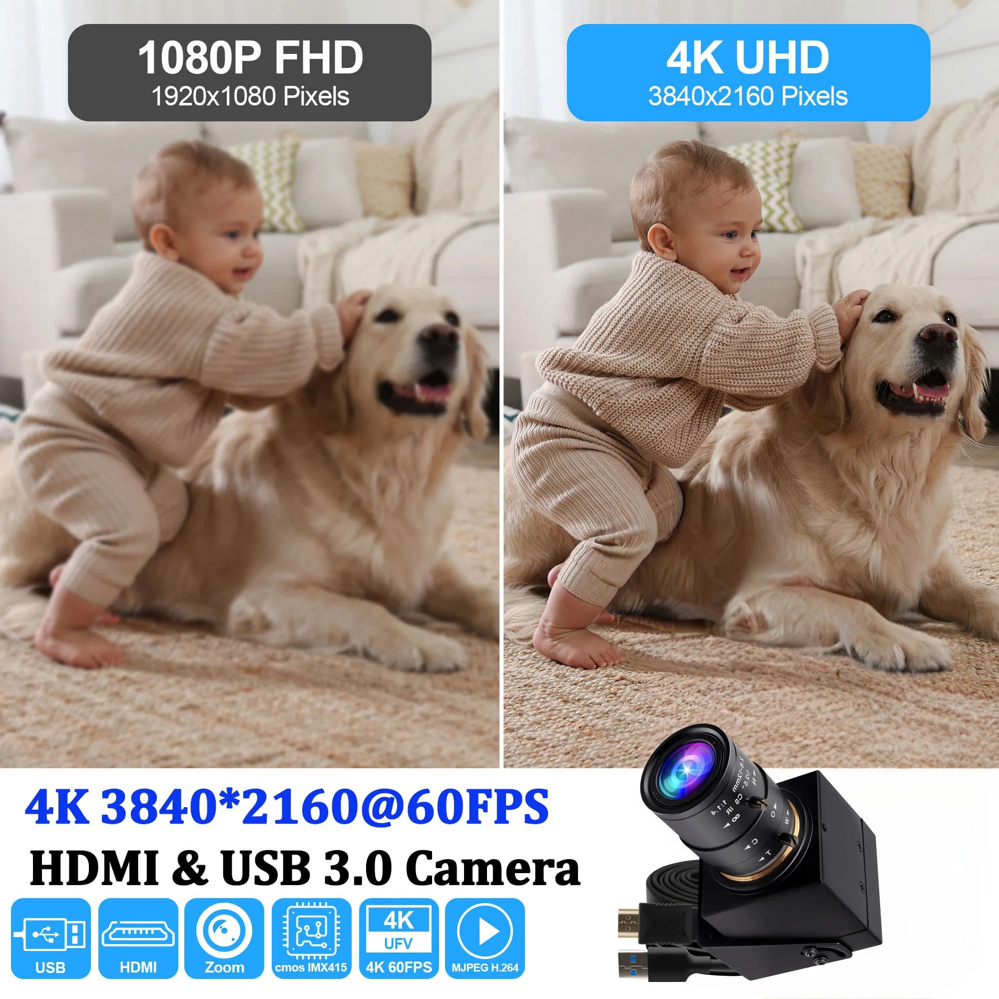 ELP USB3.0 HDMI 4K High Speed 60FPS Camera CMOS IMX415 H.264 3840x2160 Industrial Webcam with Varifocal Zoom Lens & Digital Zoom
