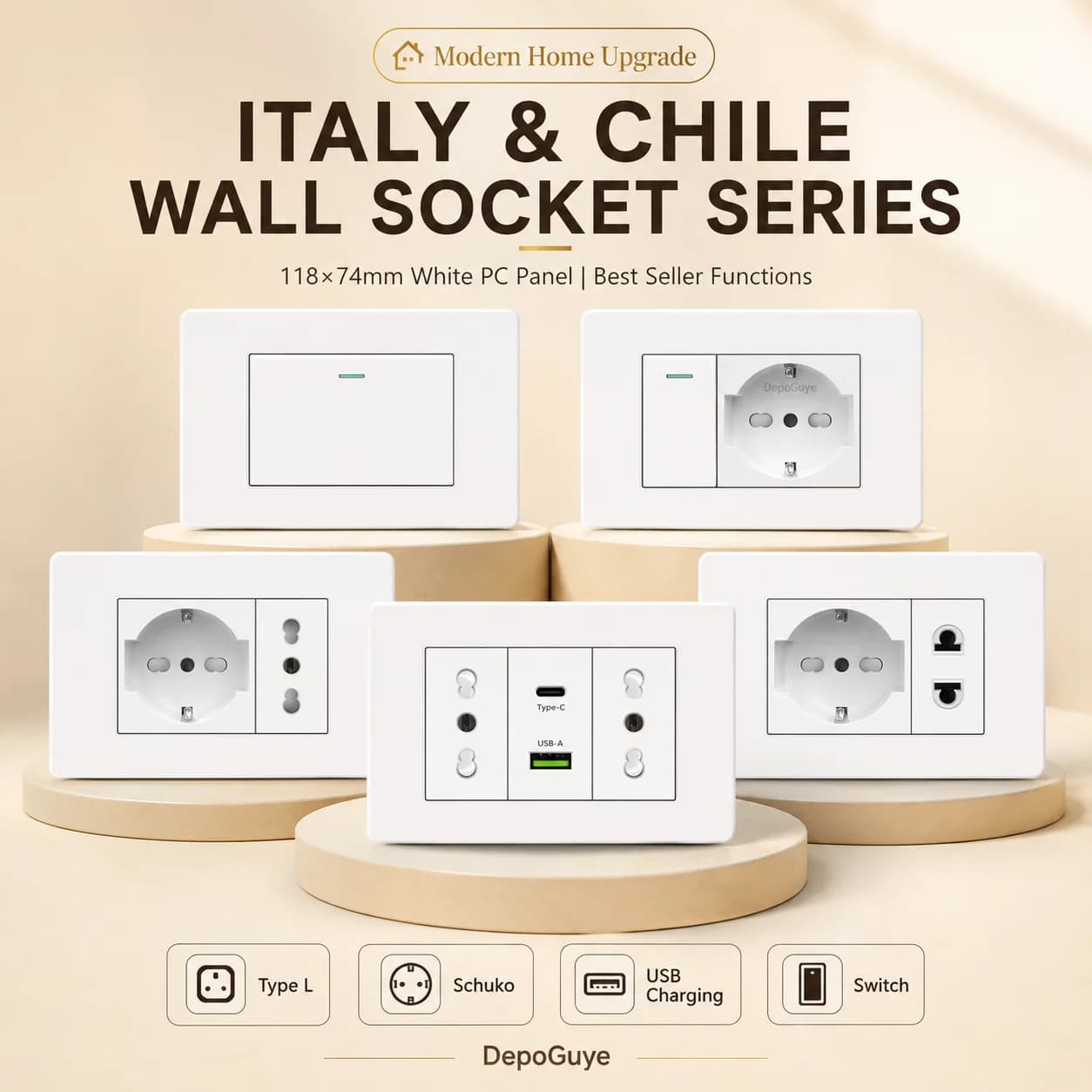 White grip Italy Chile with fast charging USB Smart Type-c, double USB wall socket Chile Plugs Light switch plastic panel Sat TV