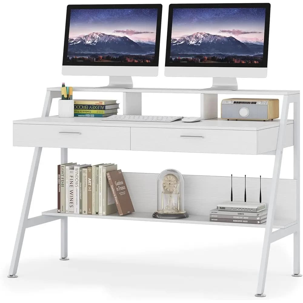 Scrivania da ufficio bianca 47 con ripiani portaoggetti e supporto per monitor, ideale per casa o studio