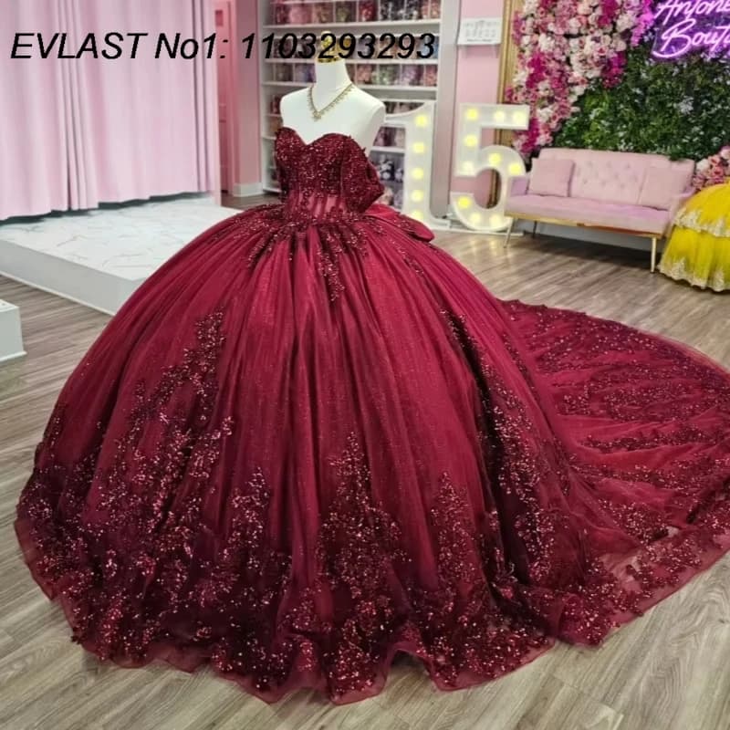 EVLAST Personalizzato di Lusso Borgogna Abito di Sfera Abito Quinceanera Applique di Cristallo In Rilievo Arco Dolce 16 Abiti Da 15 Anos E1QN129