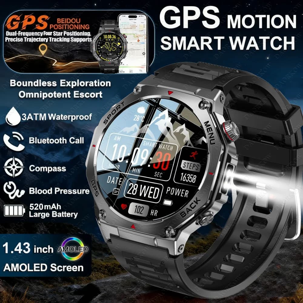 DAORKOW2025 nuovo smartwatch sportivo GPS Torcia AMOLED 3ATM impermeabile Fitness tracker BT Chiama smartwatch da uomo e da donna