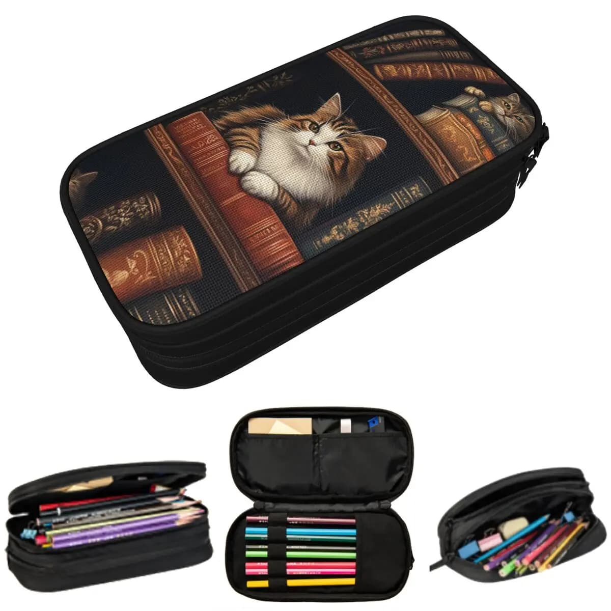 Astuccio portapenne con simpatico gatto sulla libreria per bambini, scatola per penne, borsa per matite, articoli di cancelleria, borsa portapenne