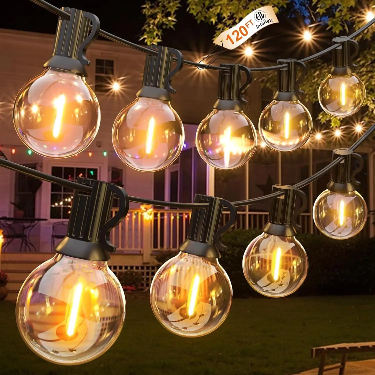 Luci a stringa da esterno da 36,5 m con 64 lampadine LED G40, impermeabili, infrangibili, dimmerabili per patio, caffè, bistrot, portico, 2 confezioni da 18,3 m
