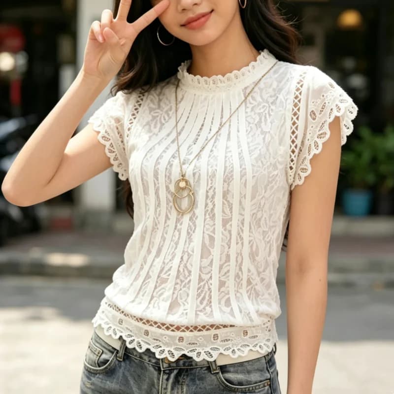 2026 Petal Sleeve Floral Lace Tops Summer Casual Solid Blouses for Women Sweet Chiffon O-neck Short Shirts Elegant Chic New