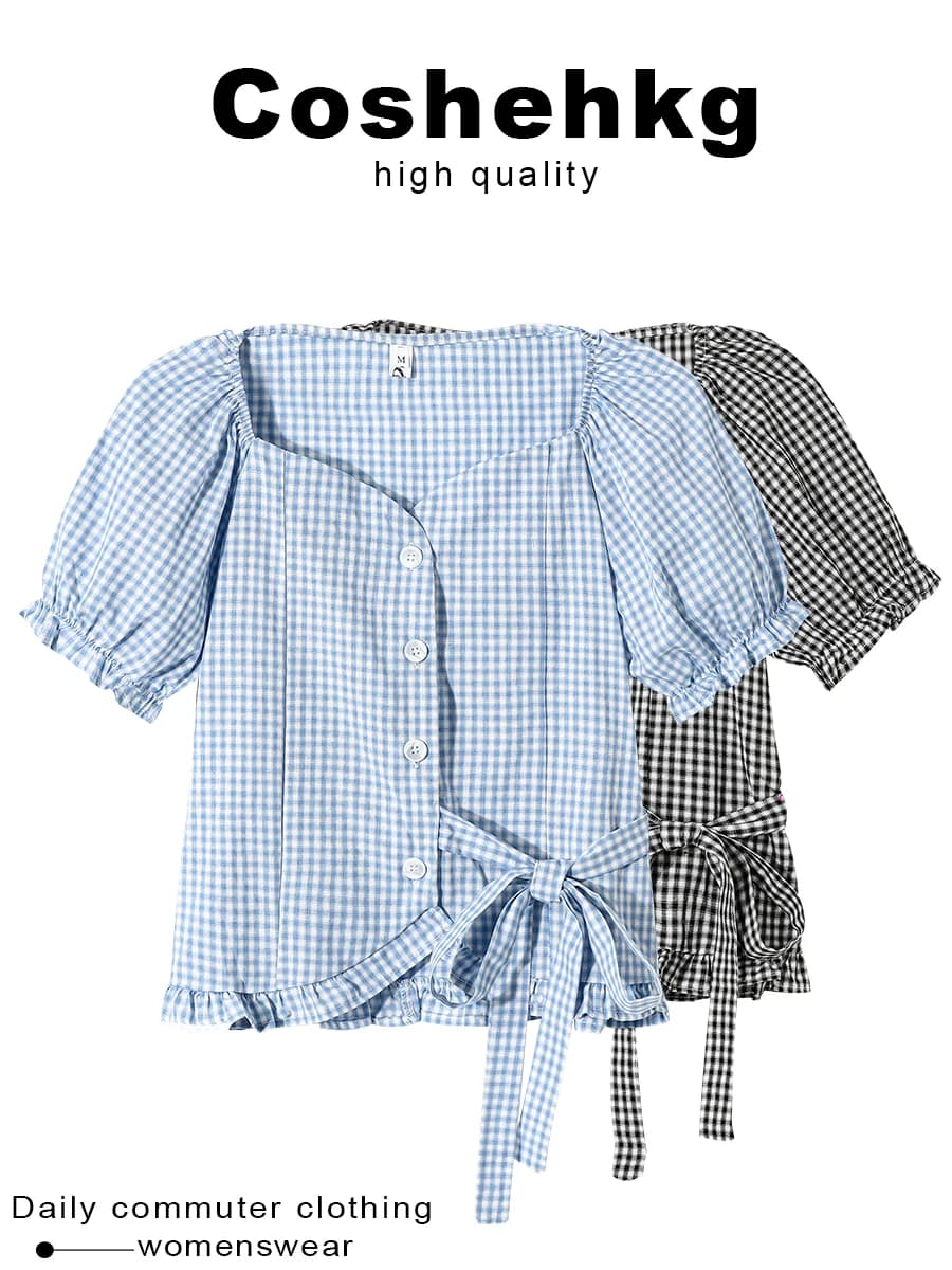 Sweet Plaid Bubble Sleeve Shirt Women's Summer Square Collar Waist Cinched Belted Gored Hem Top Coshehkg Chic Fit Short Sleeve