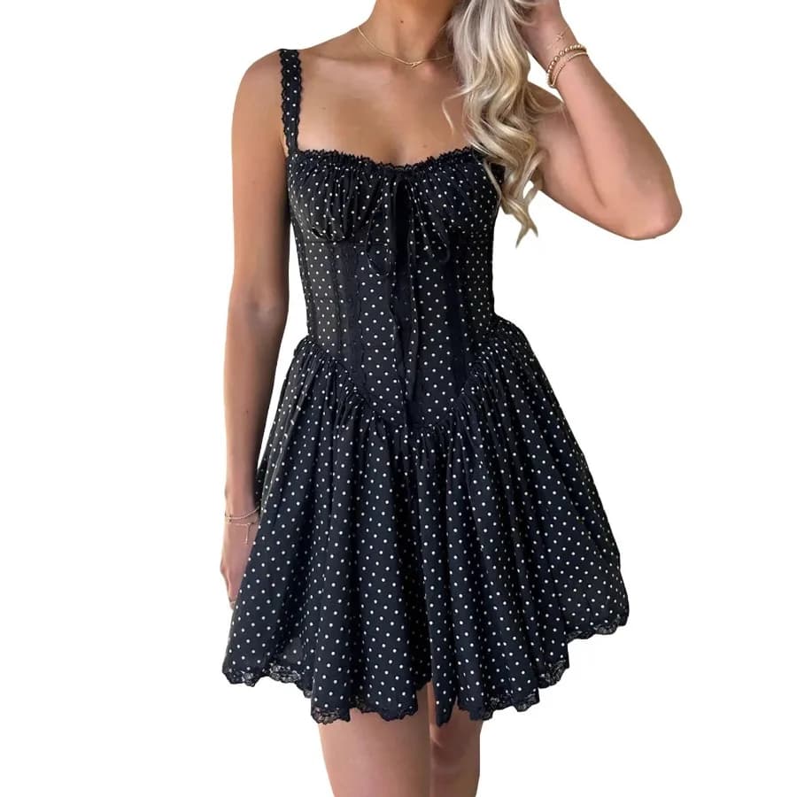 【New style】European and American suspender dress sexy babes backless waist short skirt summer sleeveless polka dot suspender d