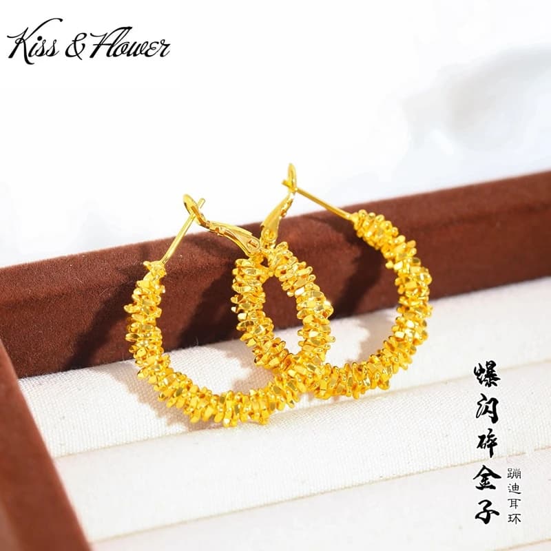 KISS&FLOWER Orecchini a cerchio rotondi lucidi in oro 24 carati per le donne, feste di matrimonio, compleanno, Natale, sposa, madre, ragazza, regali per signore ER525